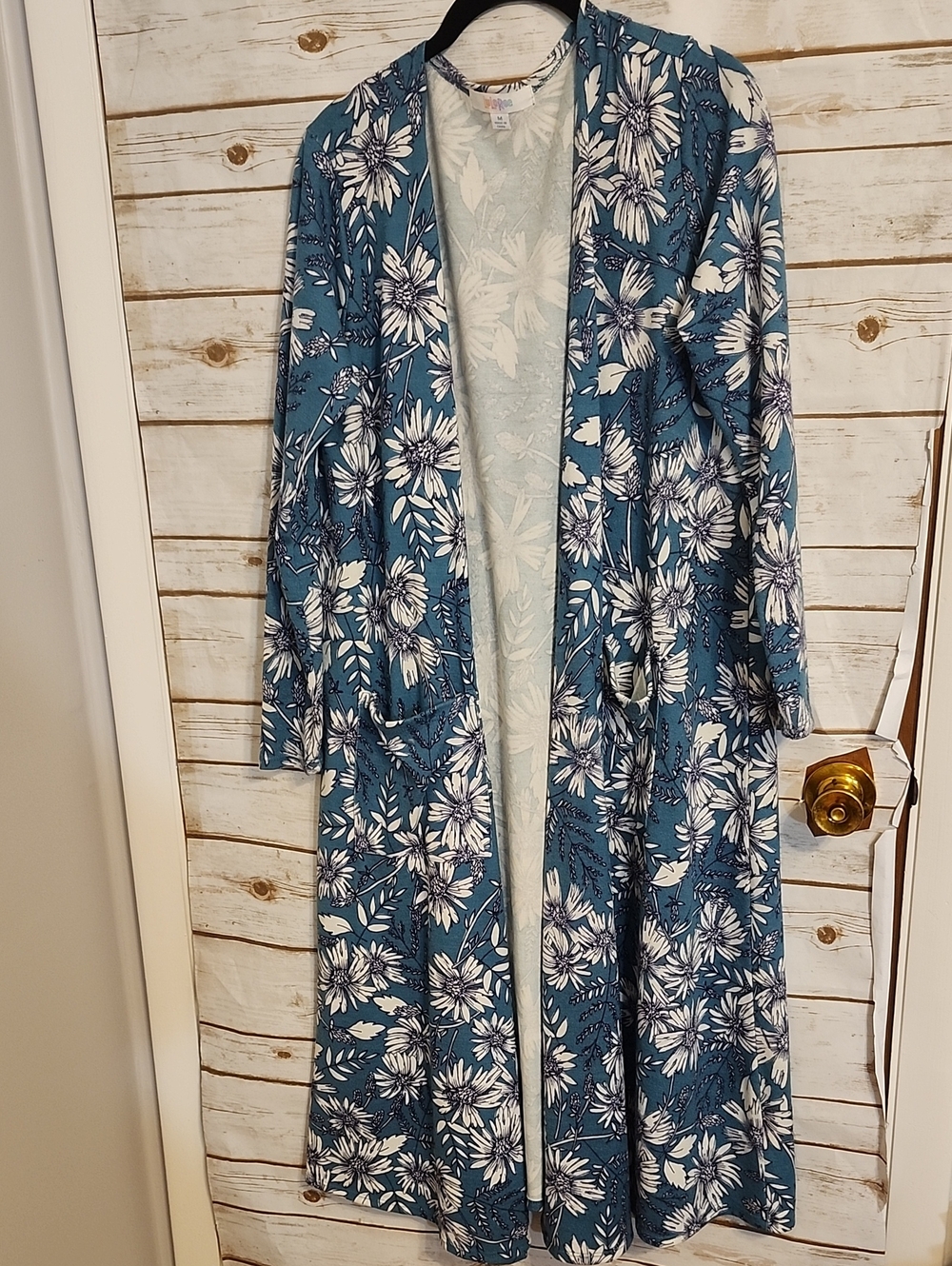 LuLaRoe Sarah Long Cardigan White And Teal Floral Print Medium